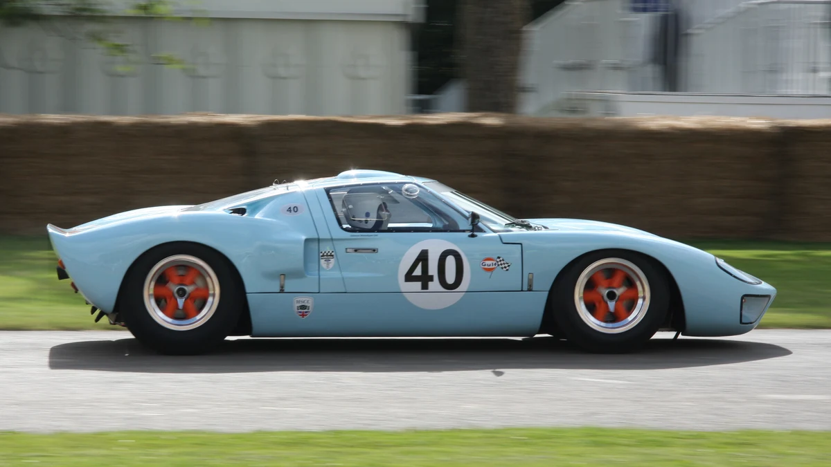 Ford GT40 sporting the classic gulf livery colors in historic endurance racing