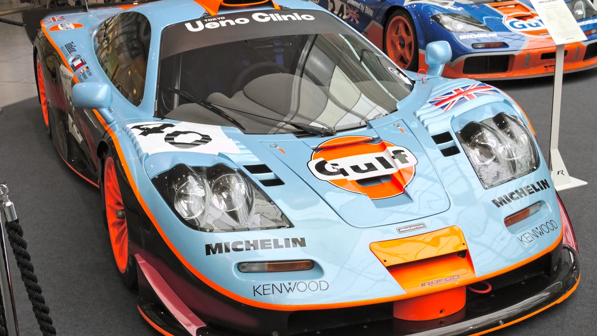 McLaren F1 GTR longtail GT racer featuring modern adaptation of the gulf livery