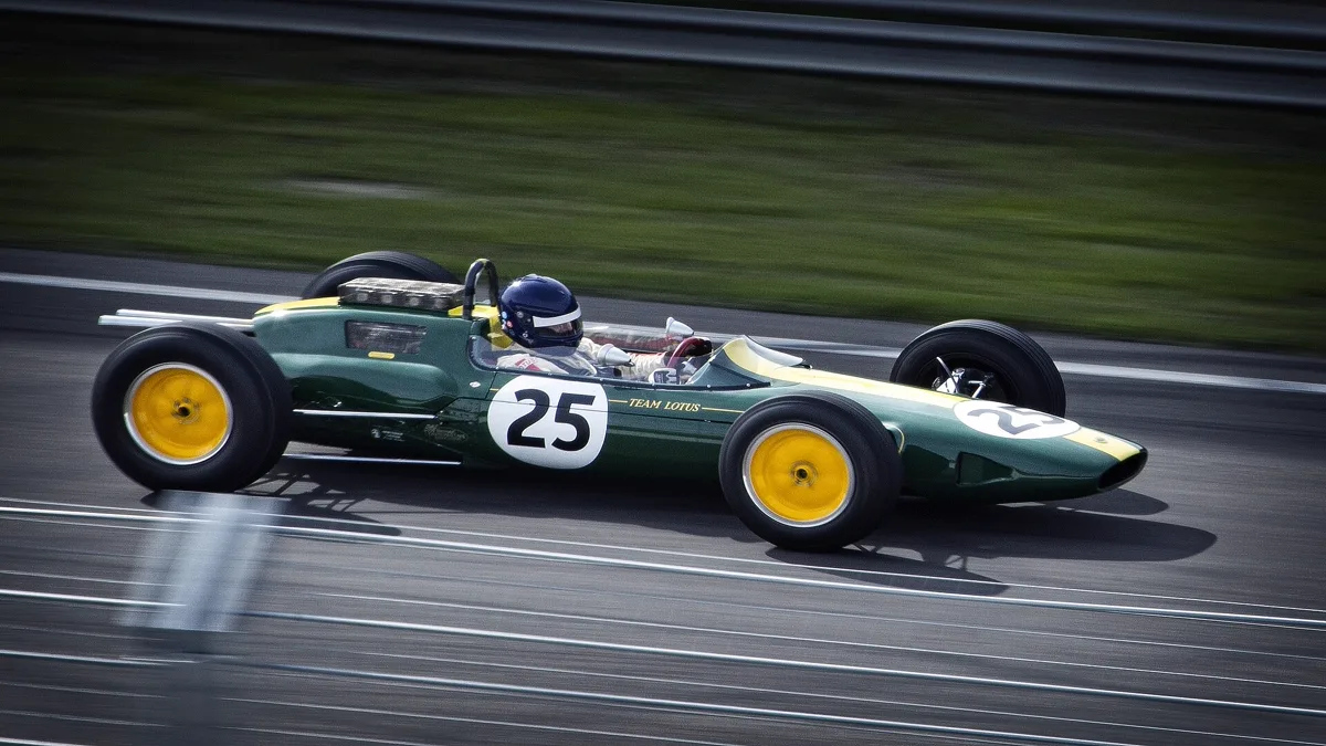 Jim Clark's Lotus 25 in British racing green with central yellow racing stripe