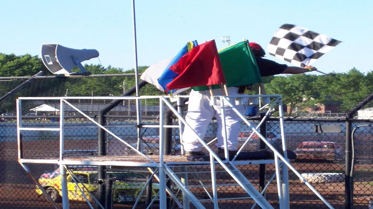 Complete set of international motorsport racing flags and marshaling signals