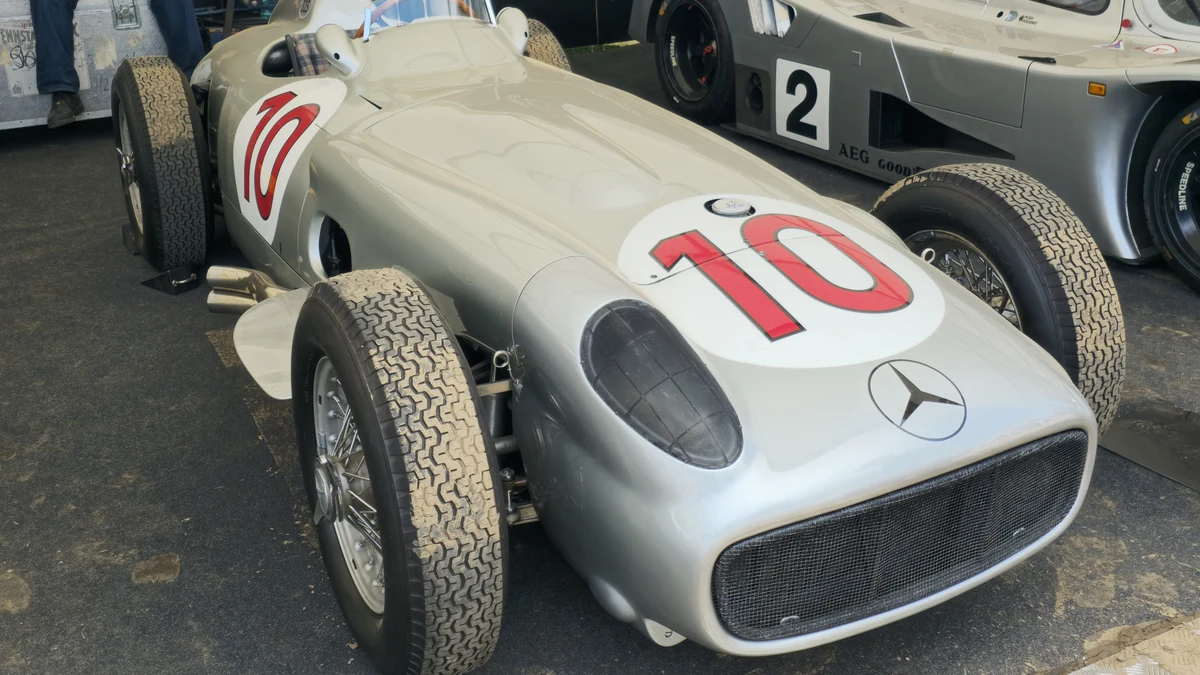 Post-War Aerodynamic Streamliner in Silver Livery Mercedes-Benz W196 aerodynamic streamliner representing 1950s silver arrows revival