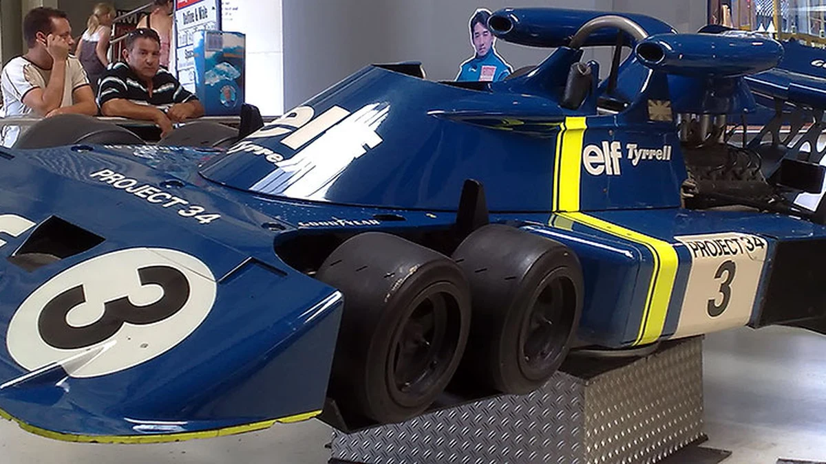 Tyrrell P34 chassis detailing four small front steering wheels and cockpit portholes